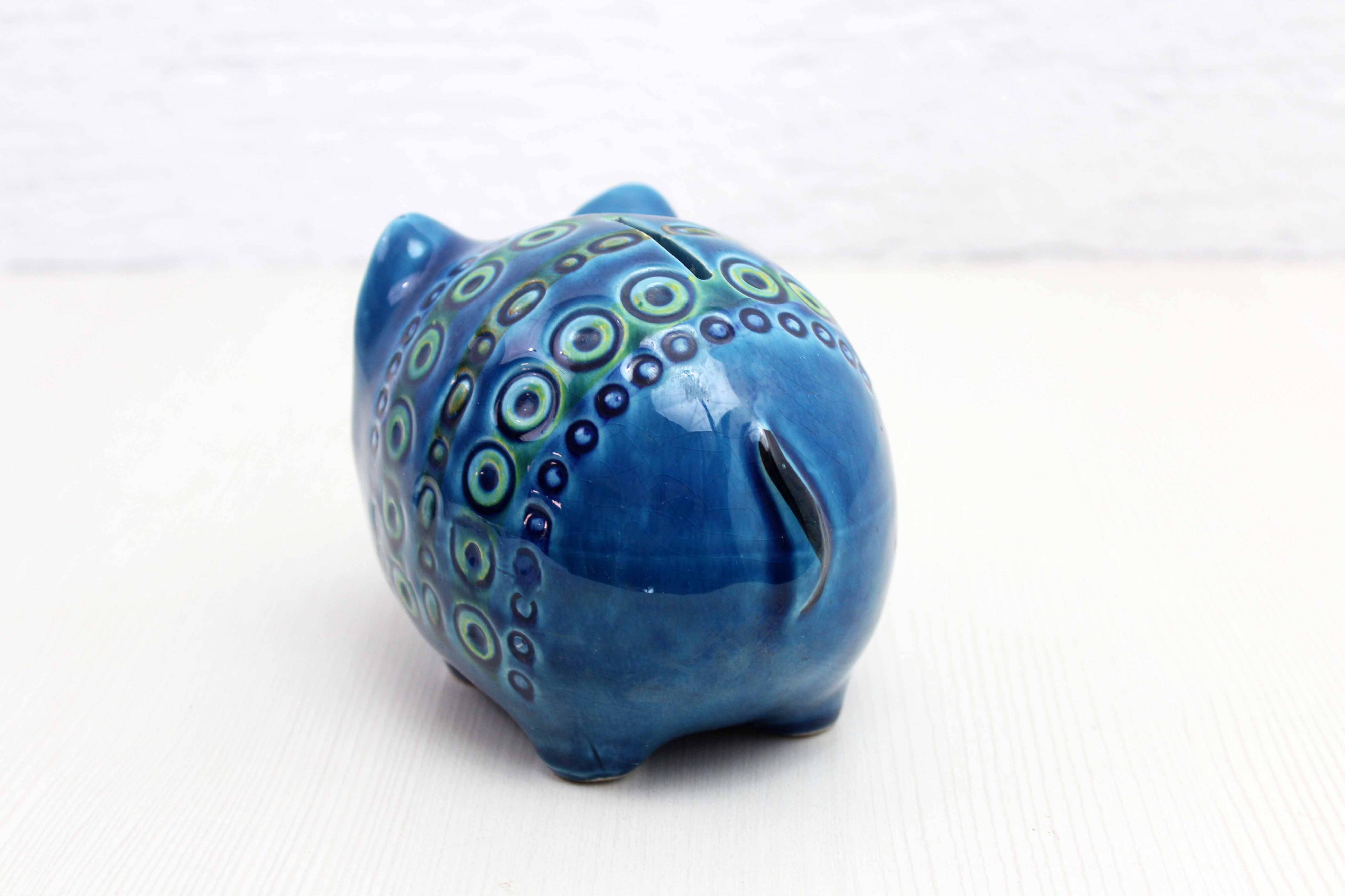 Zoomorphic ceramic, Piggy Bank in blue ceramic from Rimini, Italy 1970