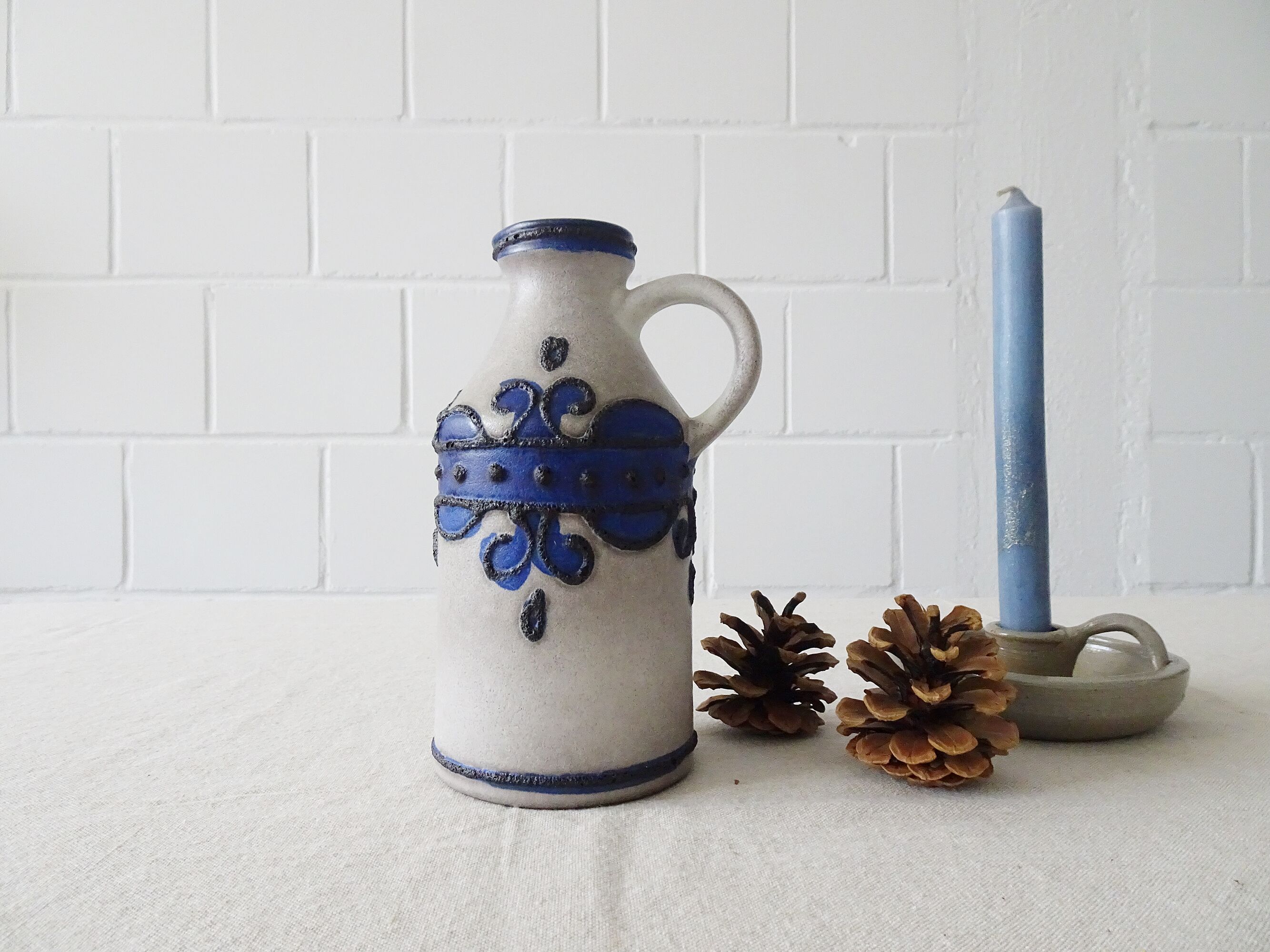VEB Haldensleben ceramic vase gray and blue with black Fat Lava decor, gray jug vase