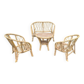 Ensemble salon de jardin rotin enfant XXème 50 60 fauteuil table banc