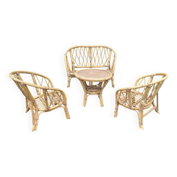 Ensemble salon de jardin rotin enfant XXème 50 60 fauteuil table banc