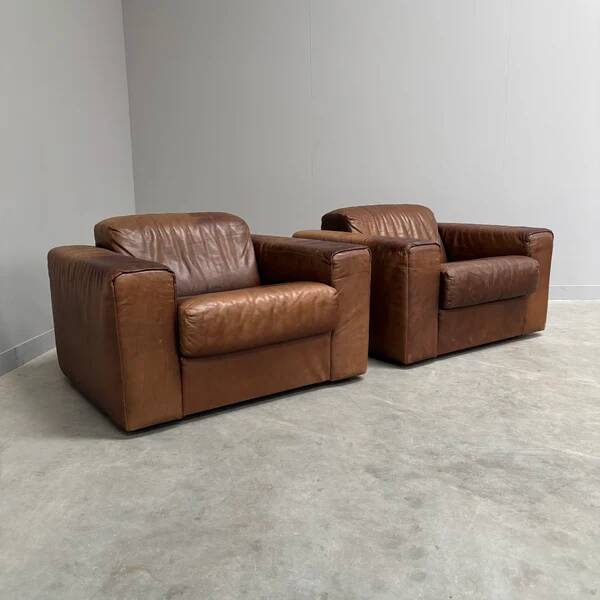 Ensemble de fauteuils en cuir marron vintage, années 1970.
