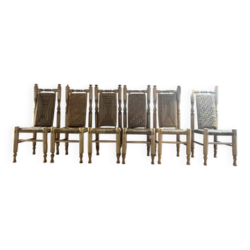 6 wooden and rope chairs attributed to Adrien Audoux & Frida Minet