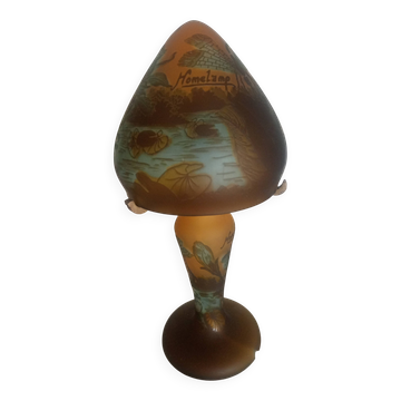 Homelamp "champignon" Polychrome glass, lake-themed decoration, dragonfly