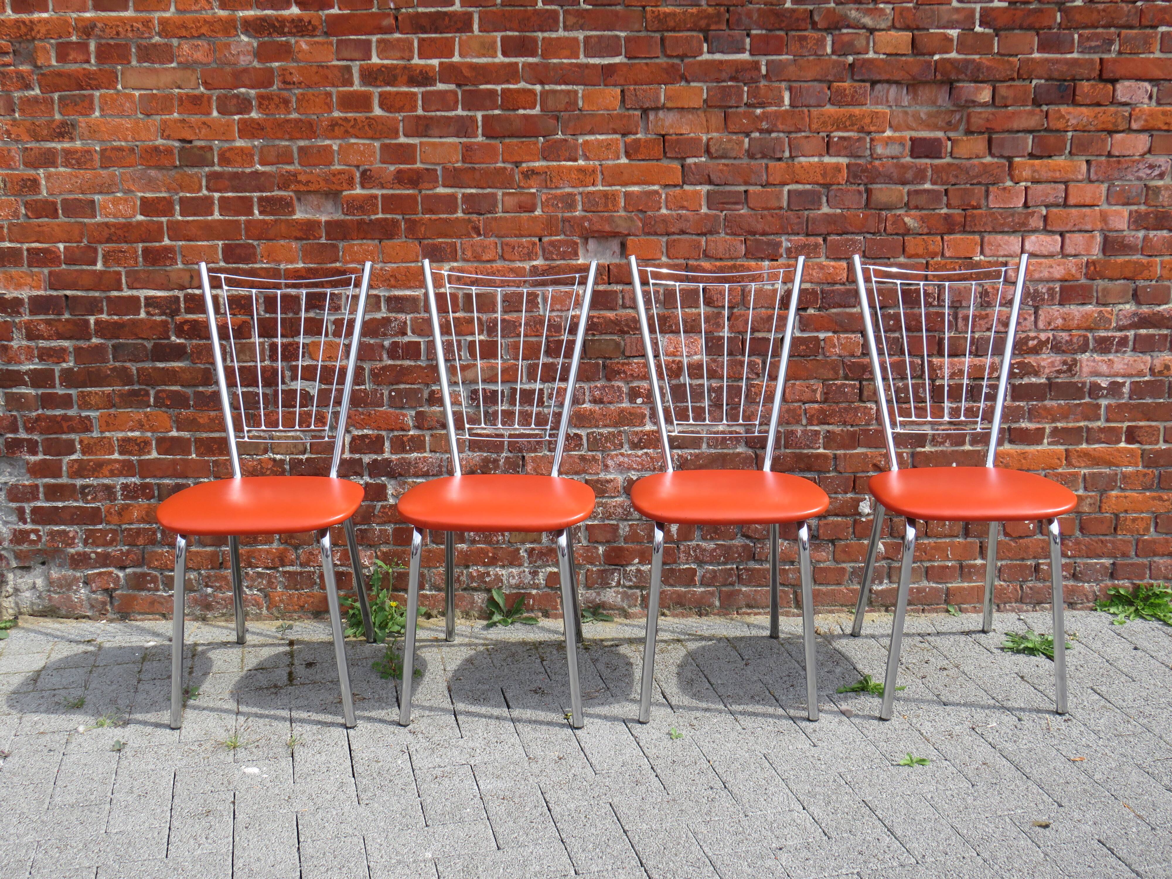 Ensemble de 4 chaises de salle à manger ou de cuisine happy orange, Allemagne 1960