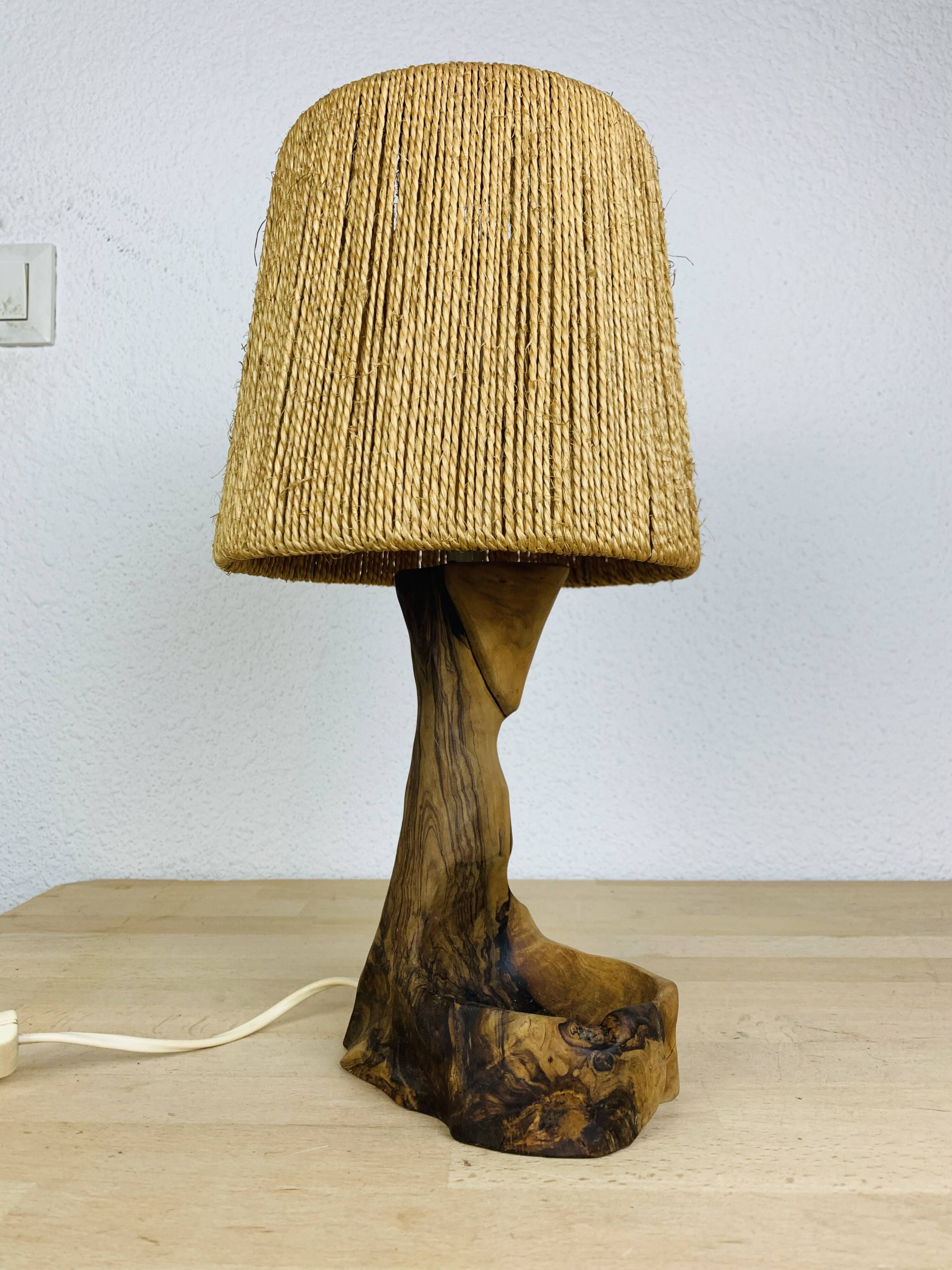 Brutalist lamp olive wood and organic style rope