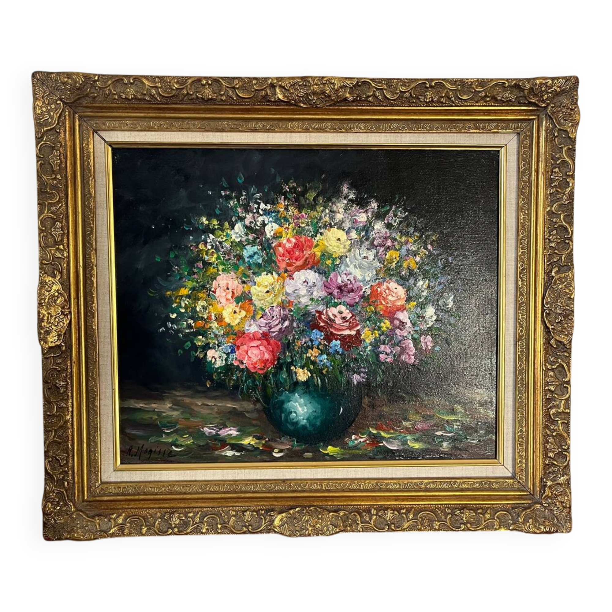Framed bouquet of flowers, oil on canvas signed R Mogisse.