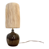 XXL Vintage stoneware lamp base signed brown raffia lampshade 1970