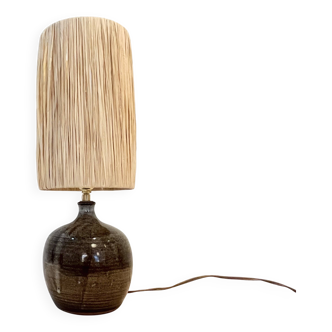 XXL Vintage stoneware lamp base signed brown raffia lampshade 1970