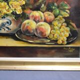 Jhane JONCHERY (19th~20th century) "Still life with flowers and fruits: peaches, grapes, plums"