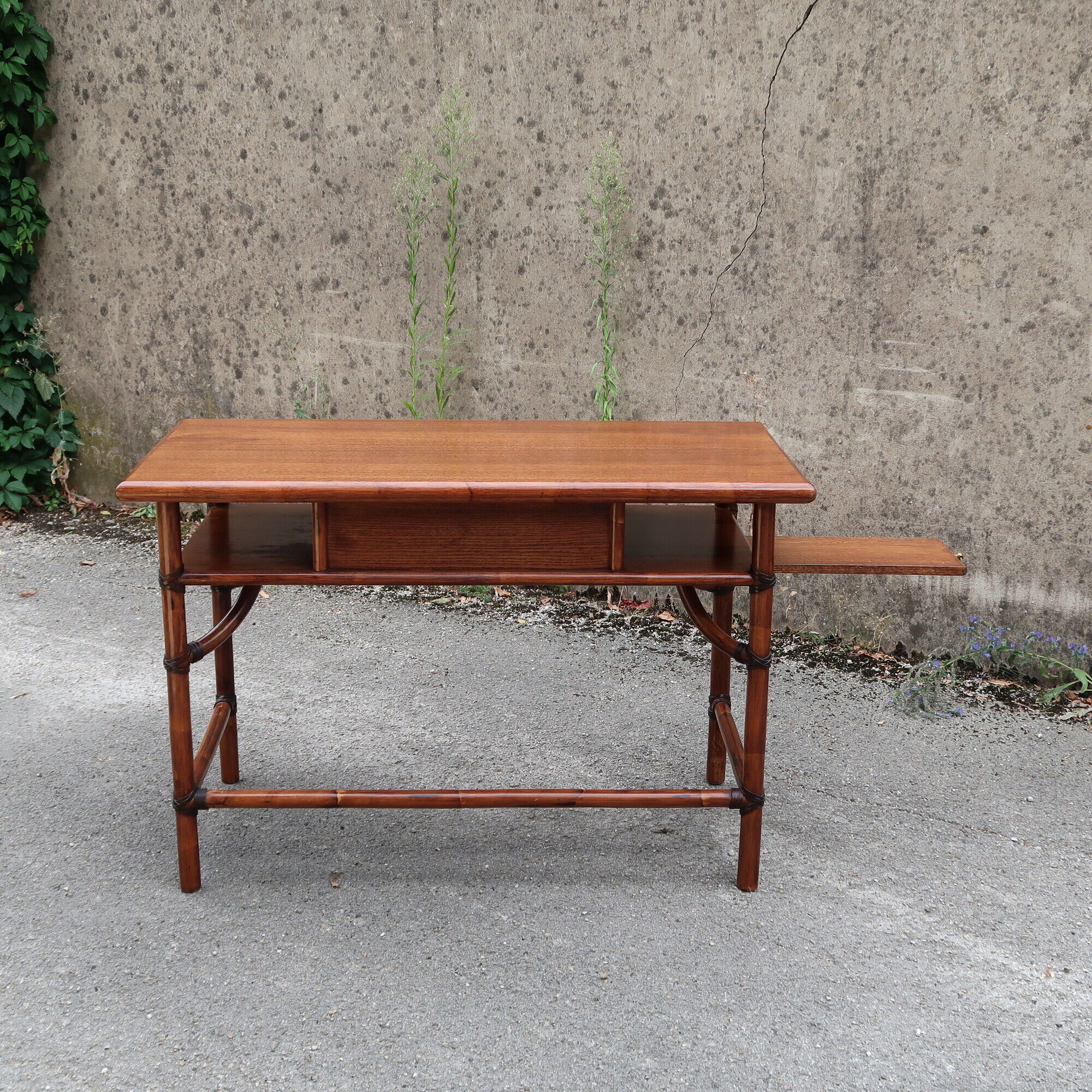 Bamboo and wooden desk with right side shelf on slide by Mc Guire 120x60
