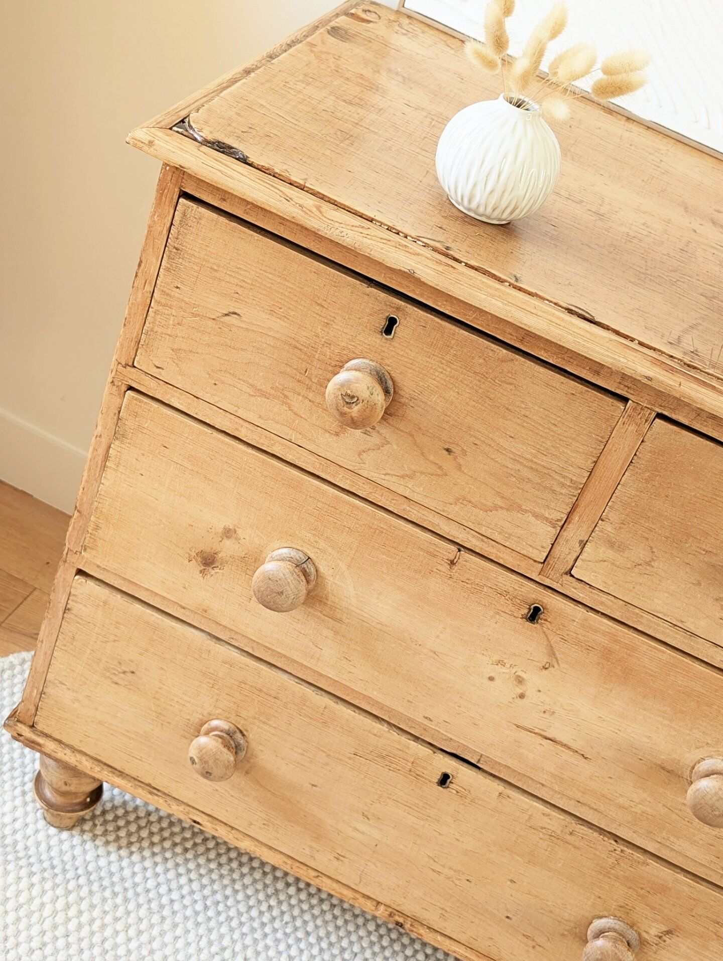 Renovated antique English solid pine chest of drawers.
