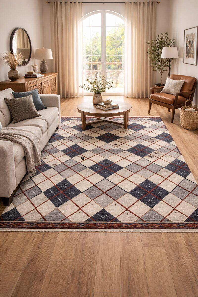 Modern Kilim blue check pattern wool kilim carpet geometric kelim area rug