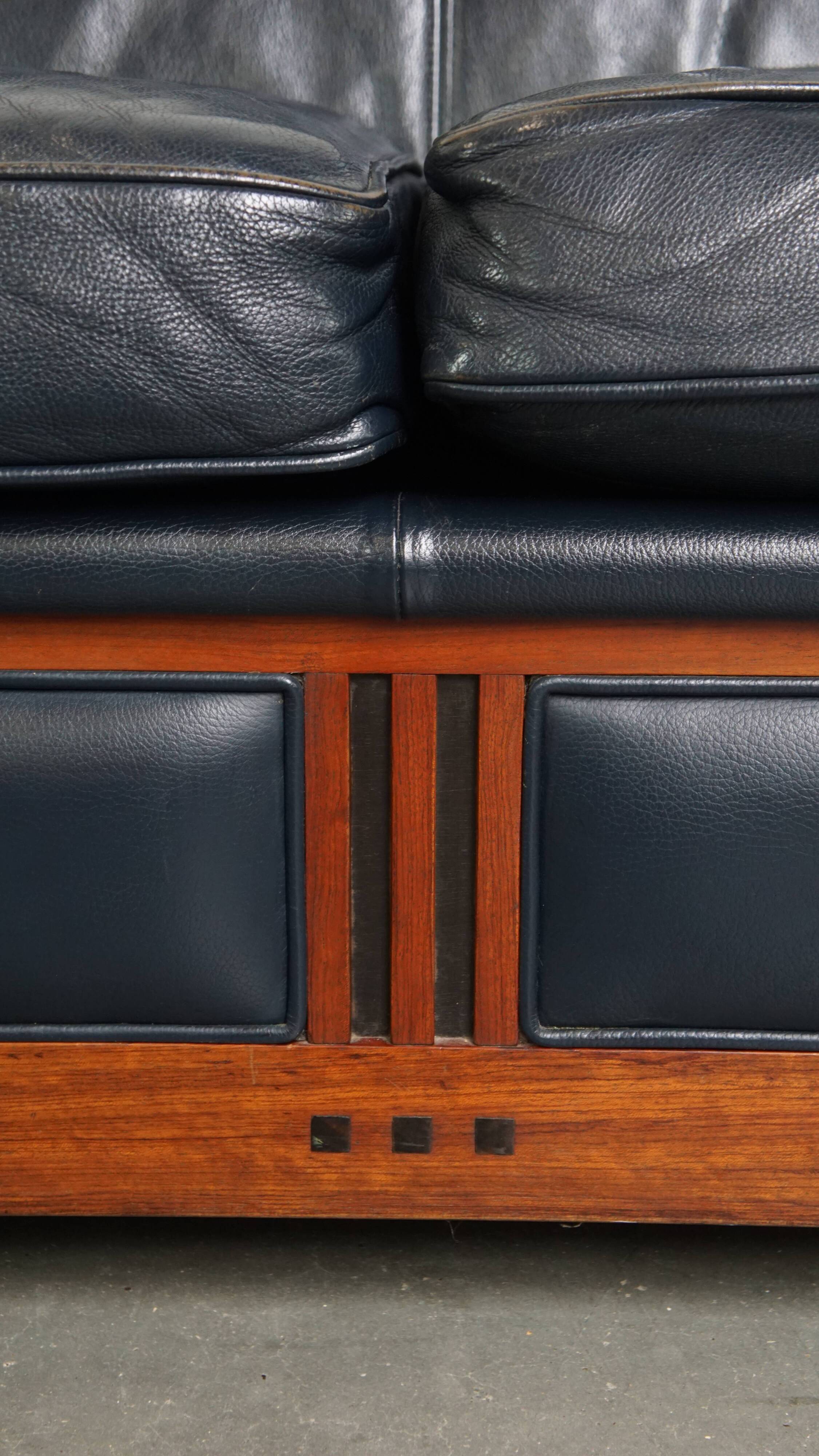 2.5-Seater Art Deco Sofa with Woodwork and Dark Blue Cowhide Leather