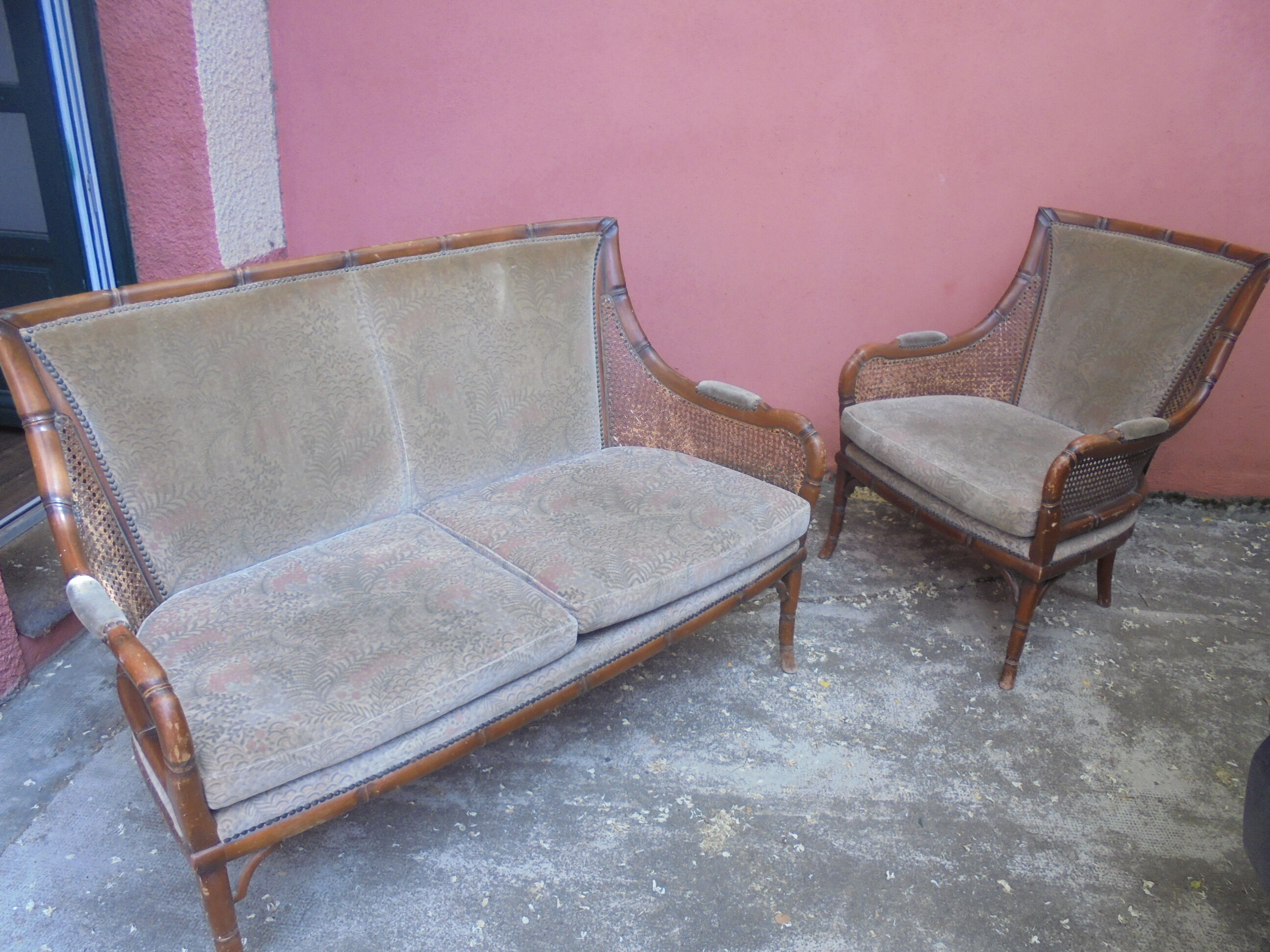 Rattan cane sofa and armchair circa 1970
