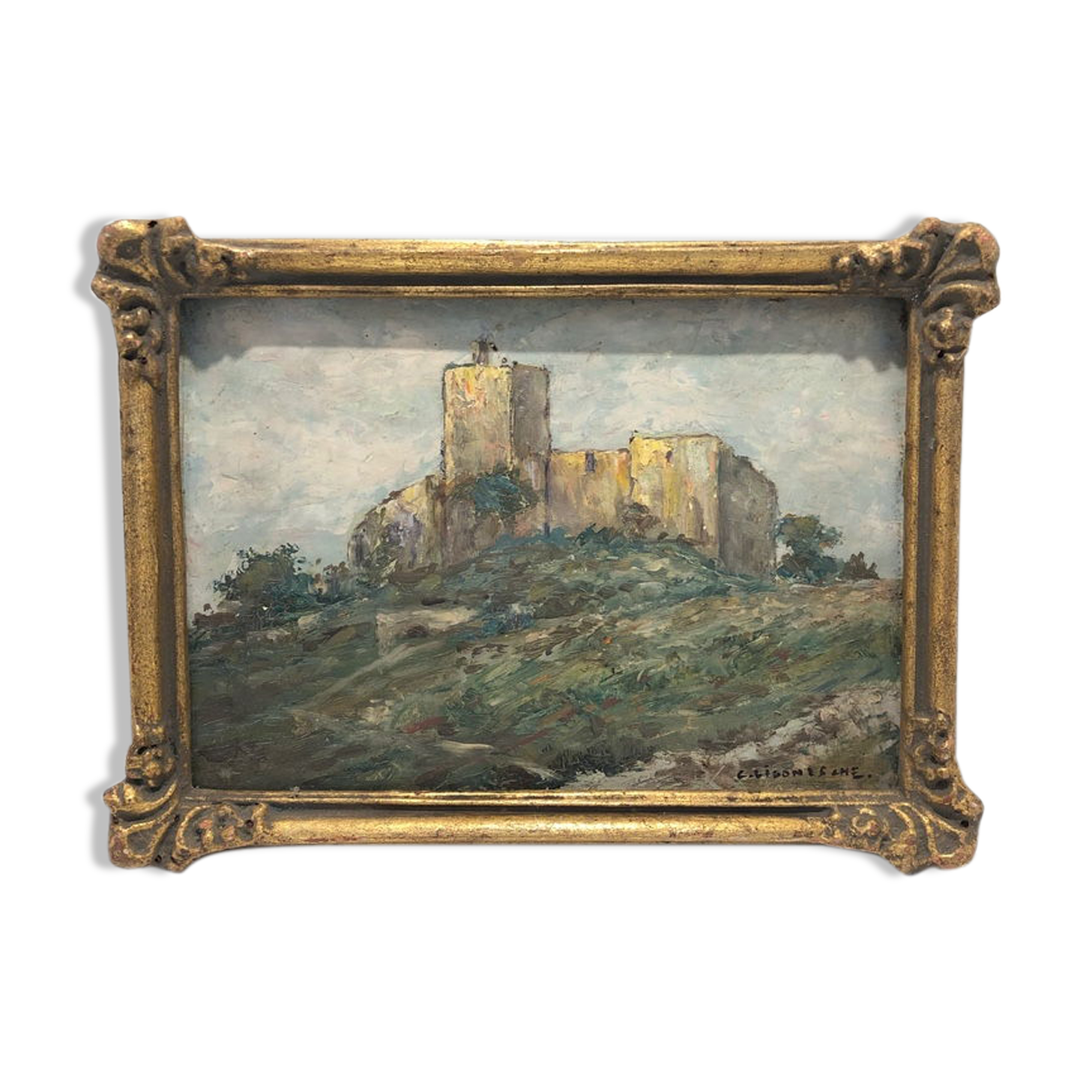 Painting: the castle of brancion signed claude ligonesche