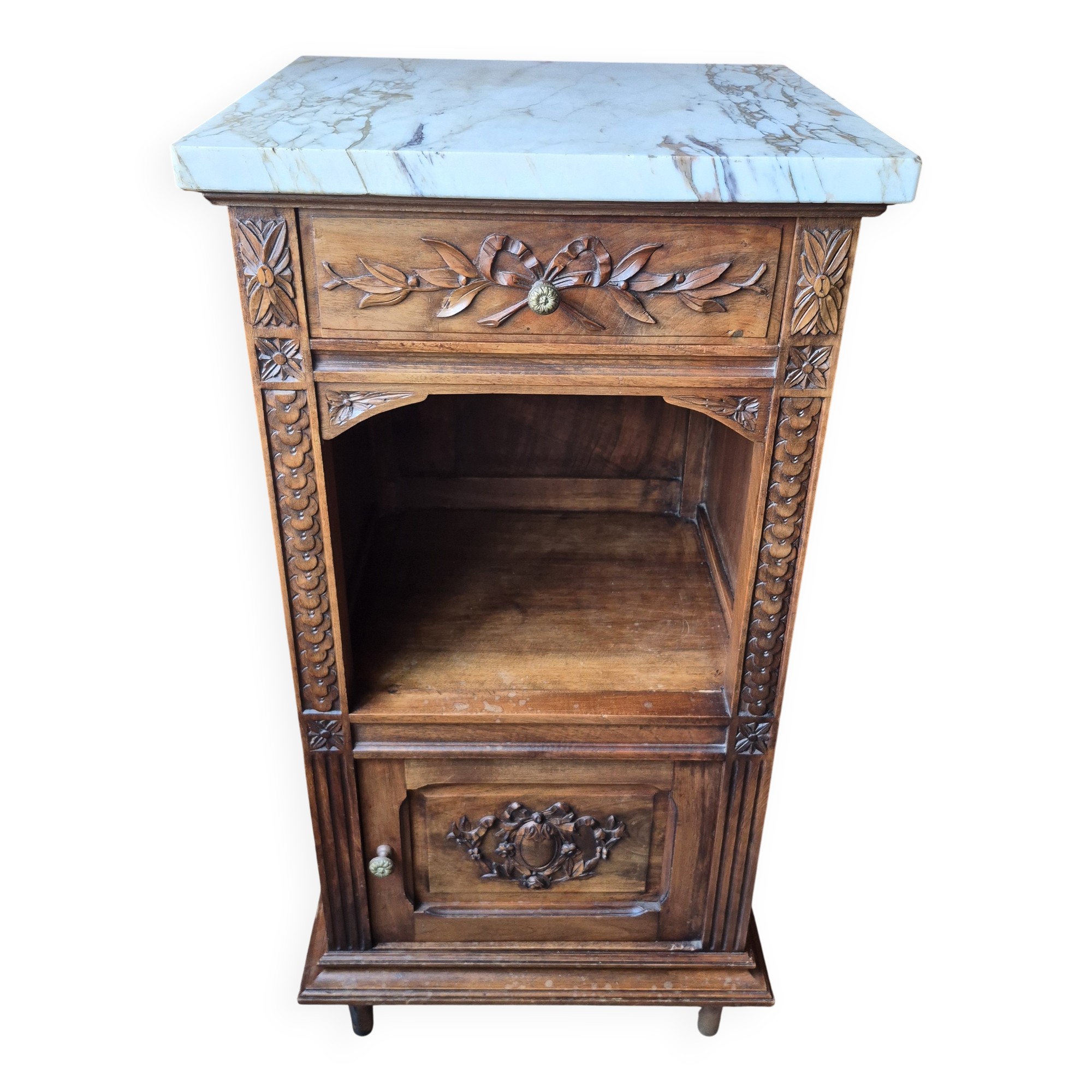 Antique carved bedside table – solid wood and marble in Louis Philippe style