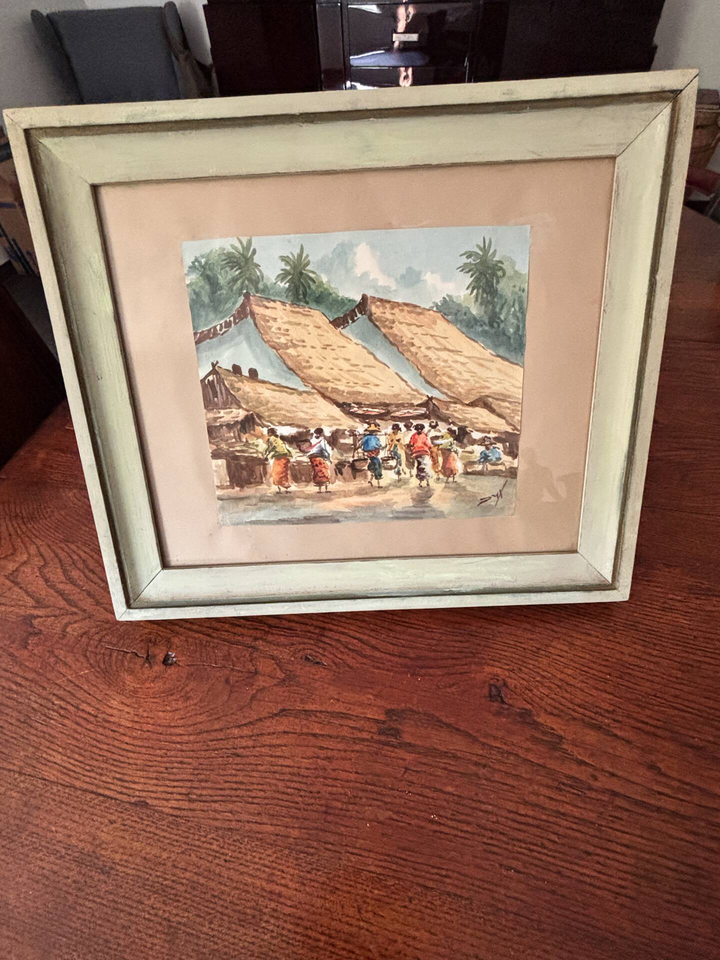 Aquarelle ancienne - Scène de Marché - École d'Indochine v. 1950