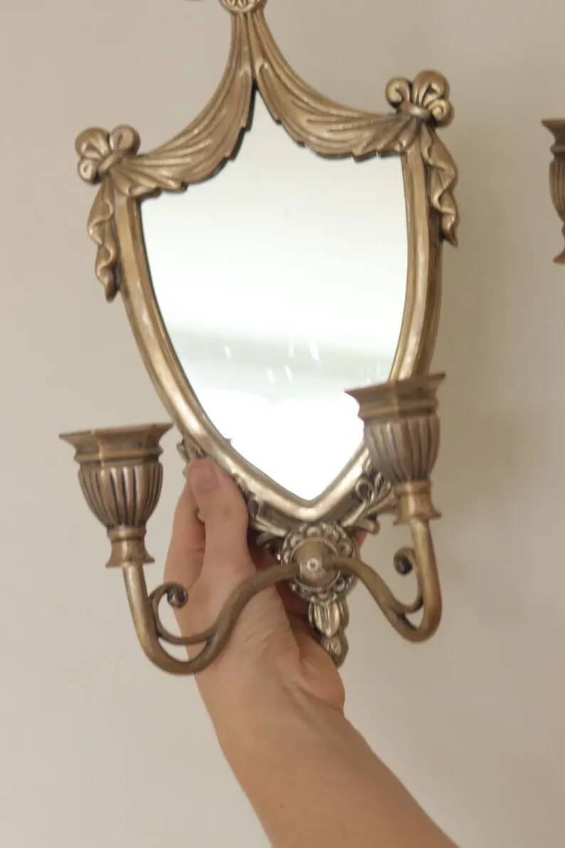 Pair of Vintage Double Arm Italian Brass Sconces with Mirror