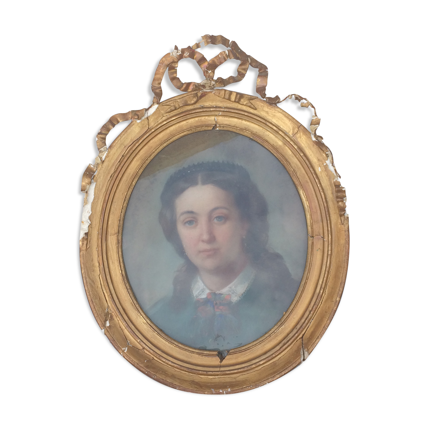 Pastel 19th century girl with old frame