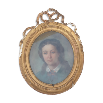 Pastel 19th century girl with old frame