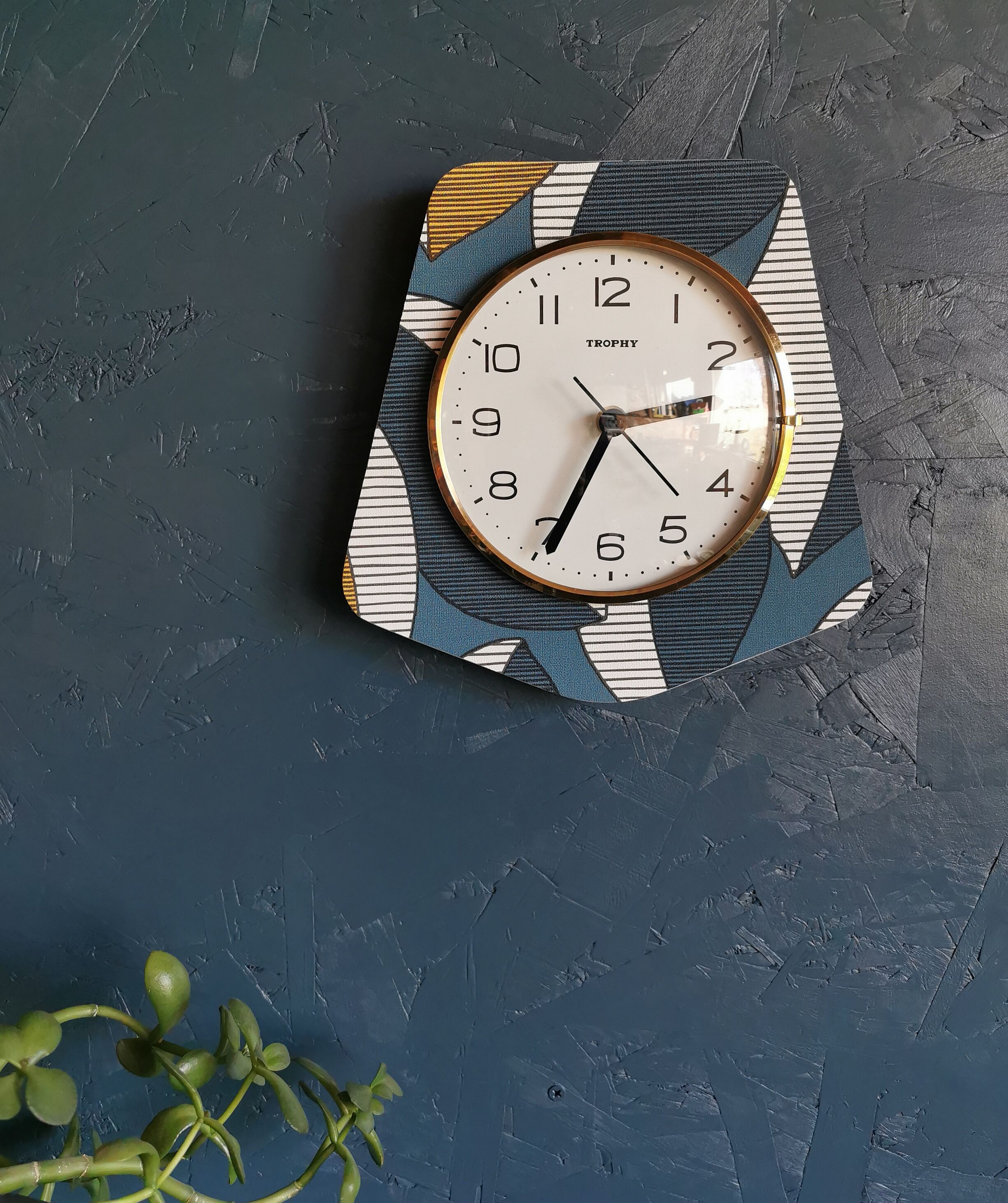 Vintage clock silent trapezoid wall clock "Trophy blue white ochre"