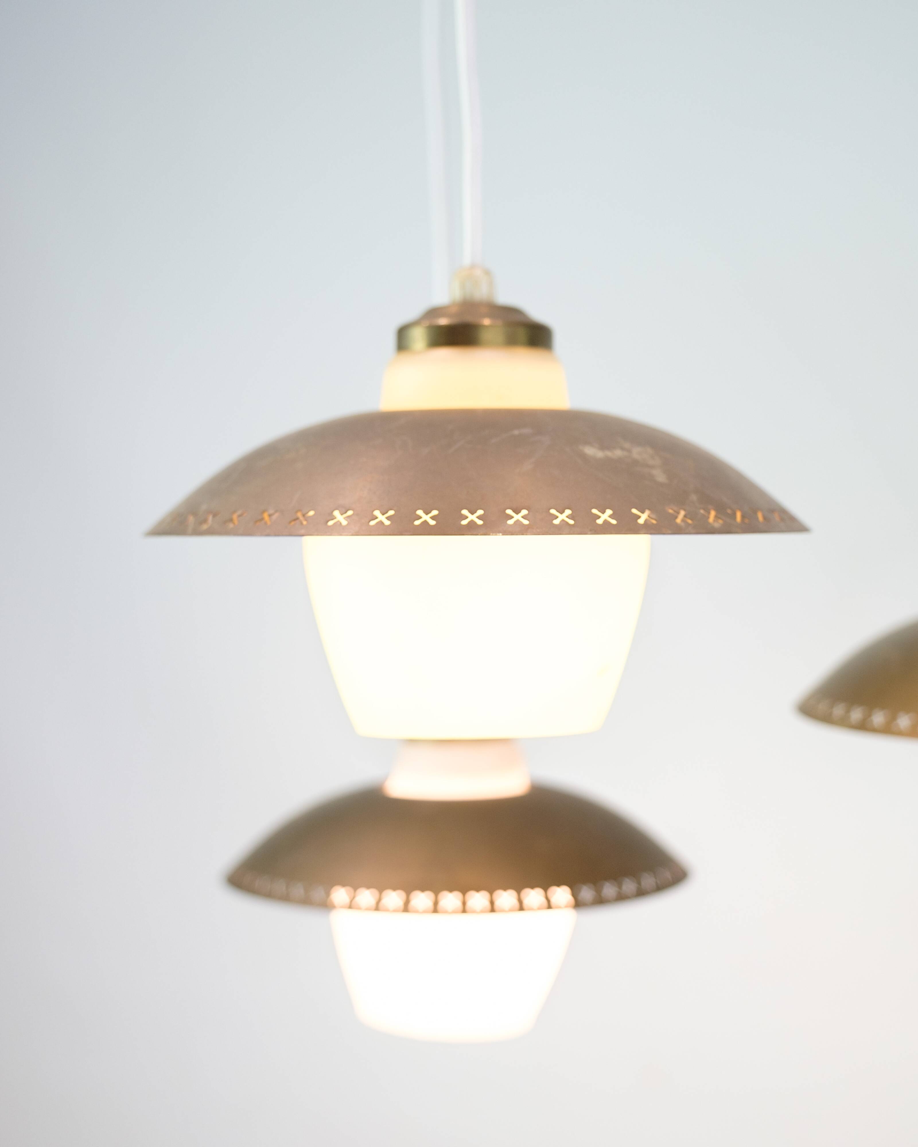 Vintage three-arm ceiling pendant – opal glass and brass – Bent Karlby –1950/60s