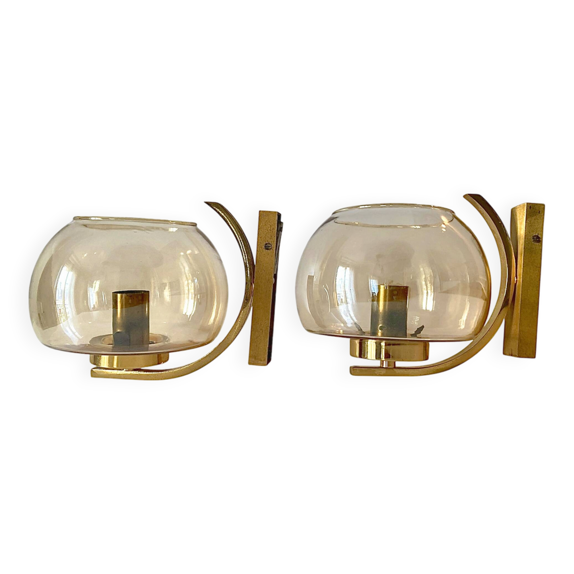 Brass and smoked glass arc wall lights. 1970