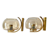 Brass and smoked glass arc wall lights. 1970