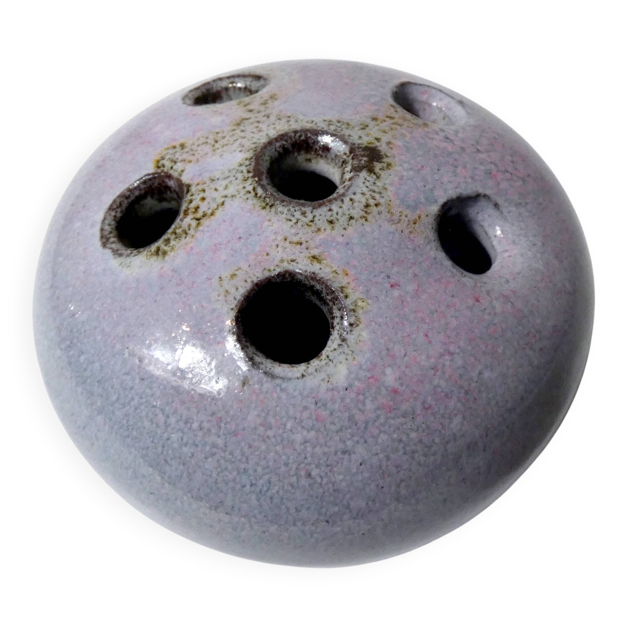 Vintage design stoneware flower frog, signed ball vase