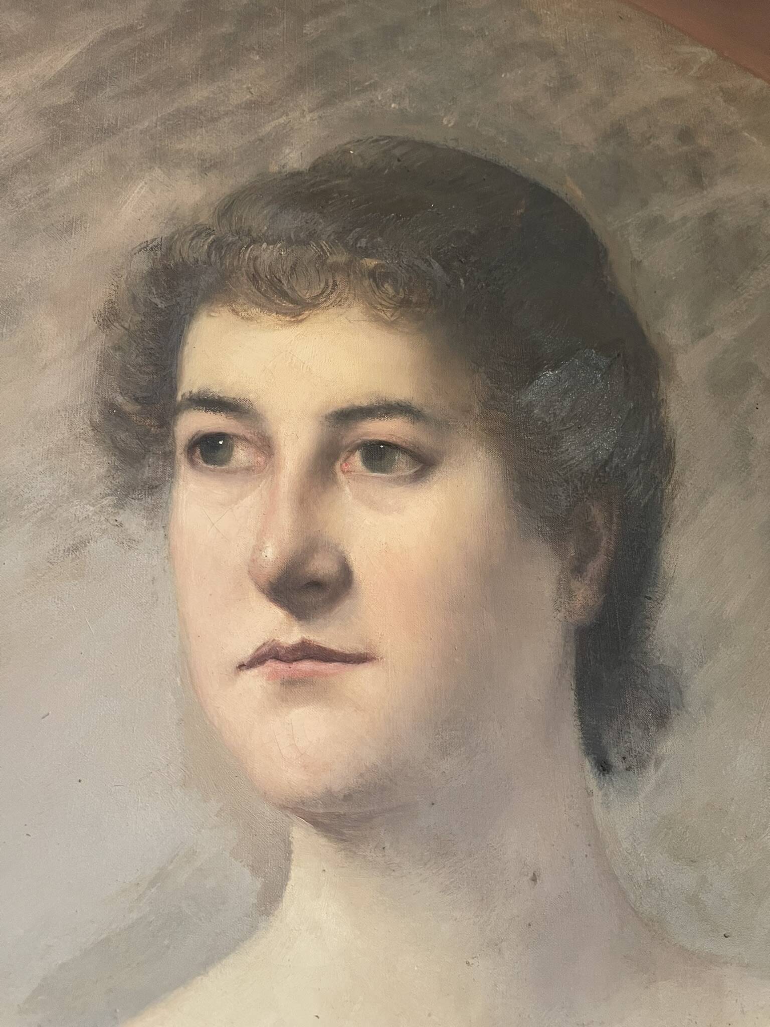 Tableau peinture huile toile portrait femme robe dentelle xixème 19ème merl