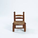 Low fireplace chairs, French, wood and straw set of 2