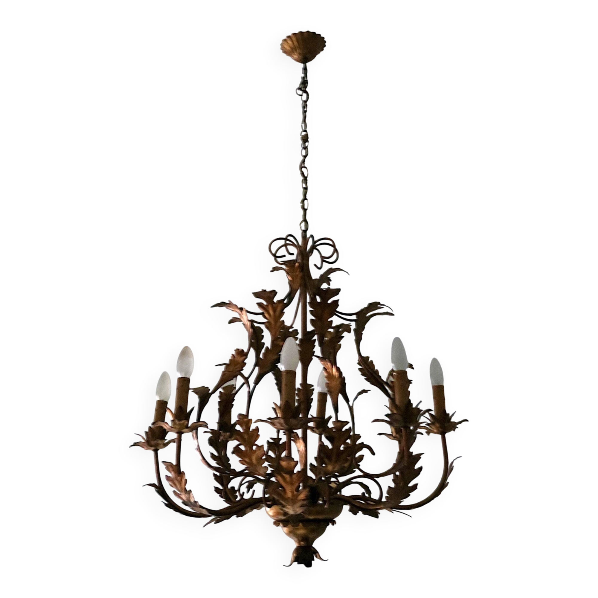 Large mid century patinated gilt tole 8-light chandelier, Hans Kögl, 1960s