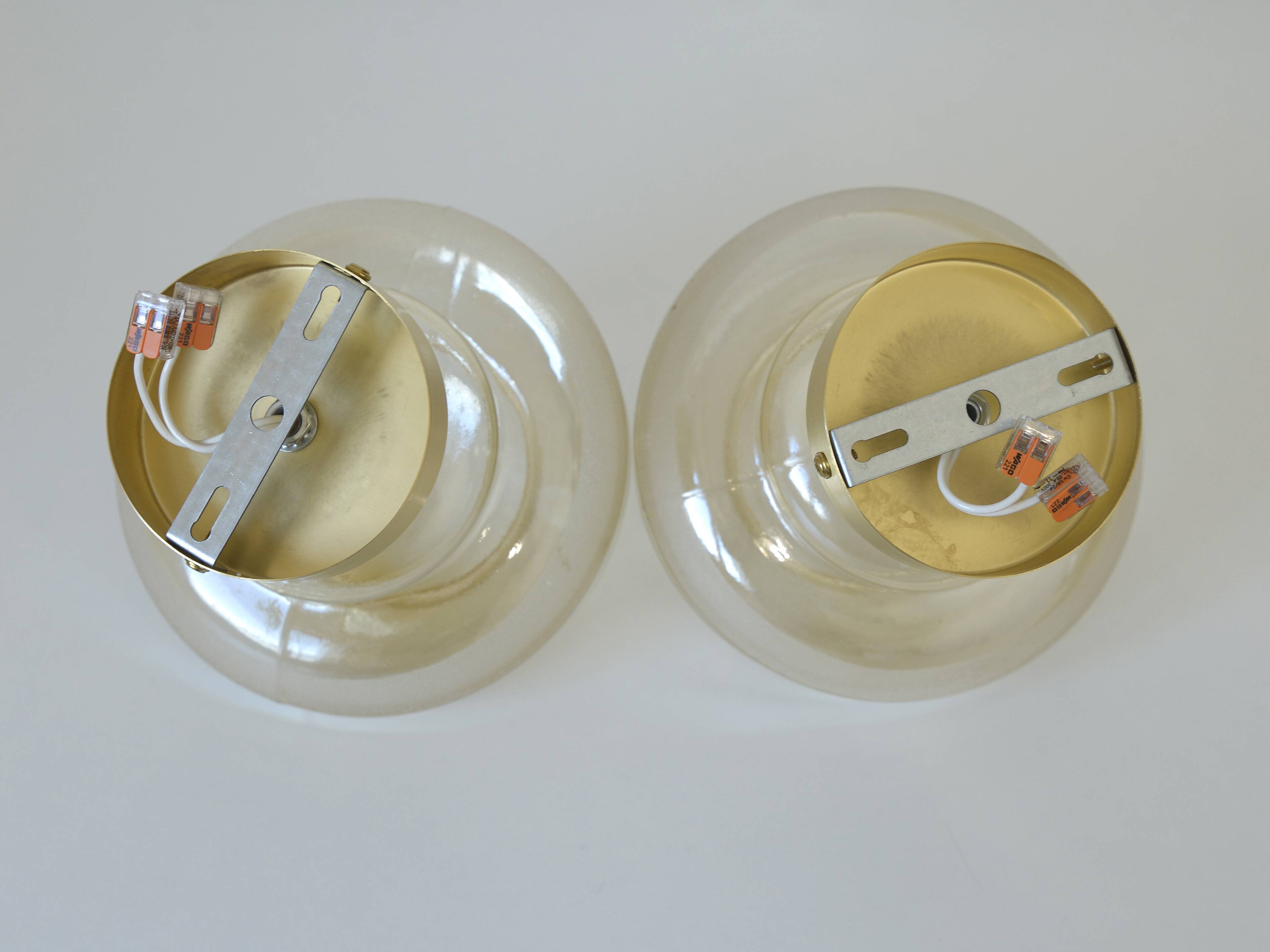 Set Of 2 Vintage Amber Glass Sconces MCM Brass Flush Mount Lights