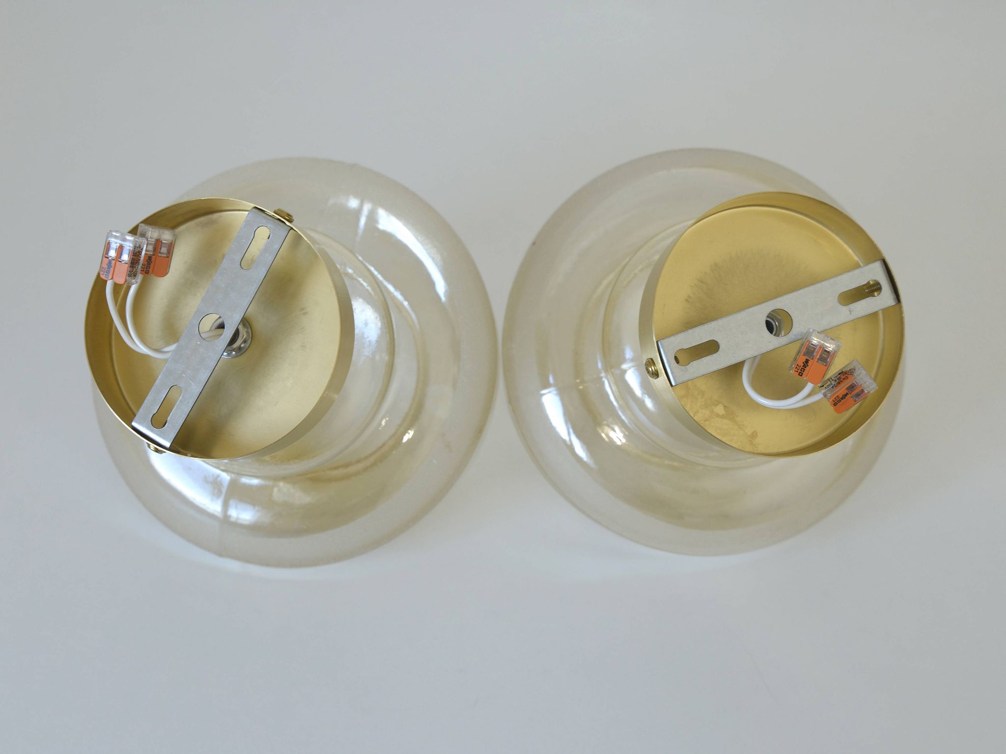 Set Of 2 Vintage Amber Glass Sconces MCM Brass Flush Mount Lights