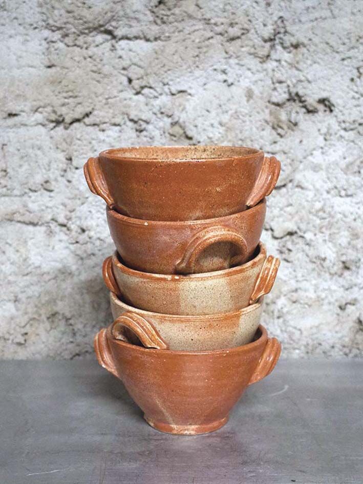Set of 5 large sandstone bowls signed