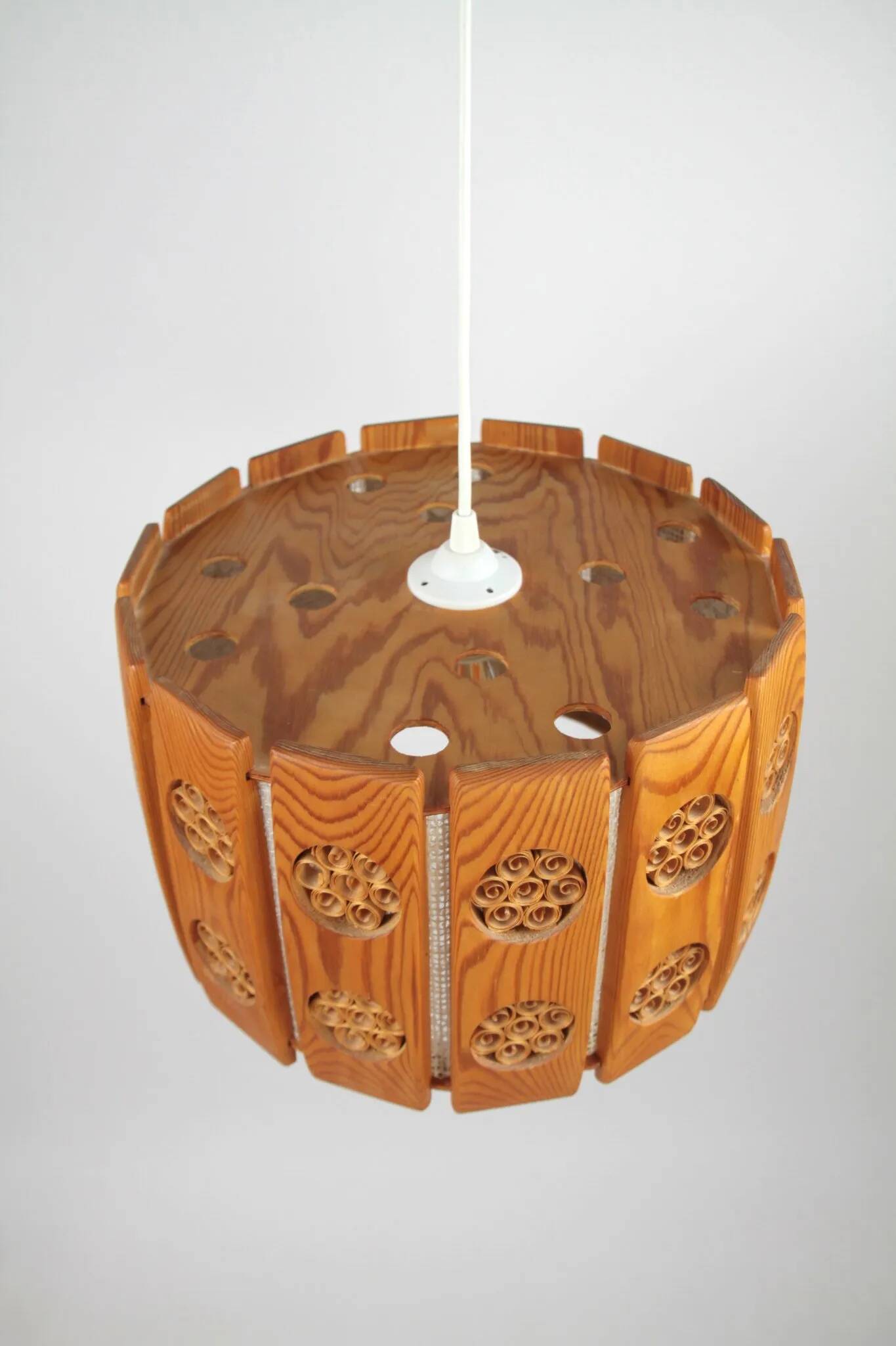 Pine Pendant Lamp with Rolled Wood Curl Rosettes – Sweden, 1970s