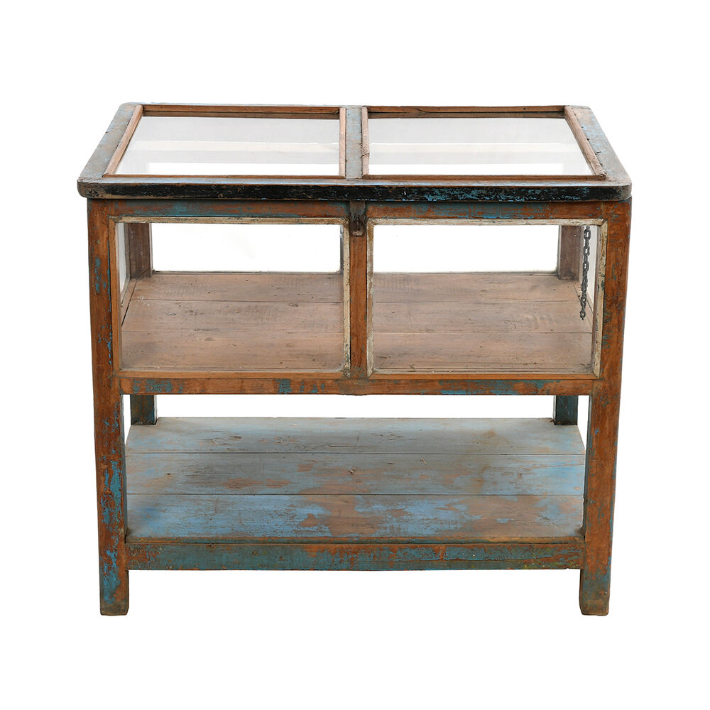 Display case in patinated wood