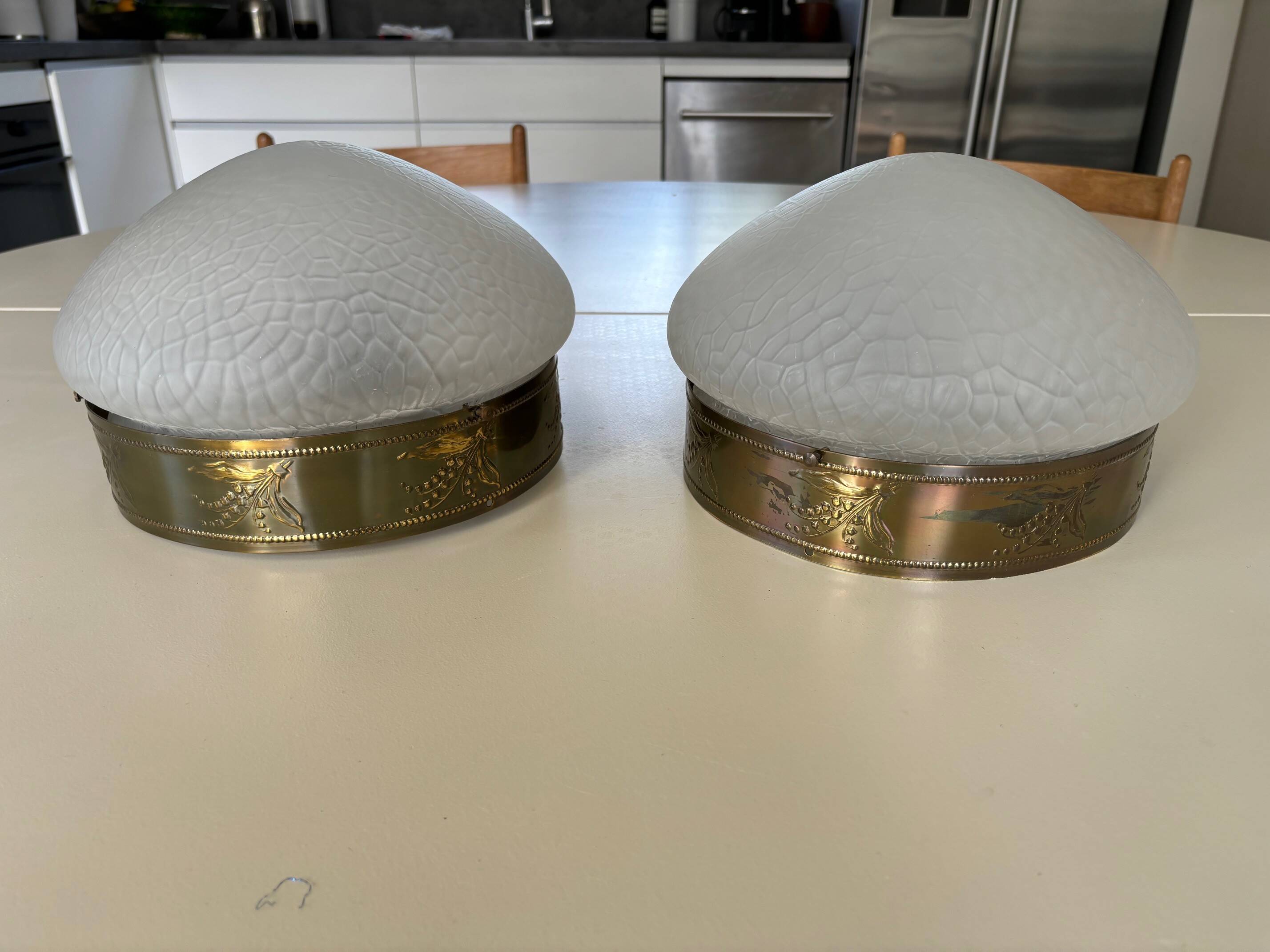 2 1930s ceiling lights in brass and frosted glass
