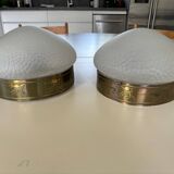 2 1930s ceiling lights in brass and frosted glass