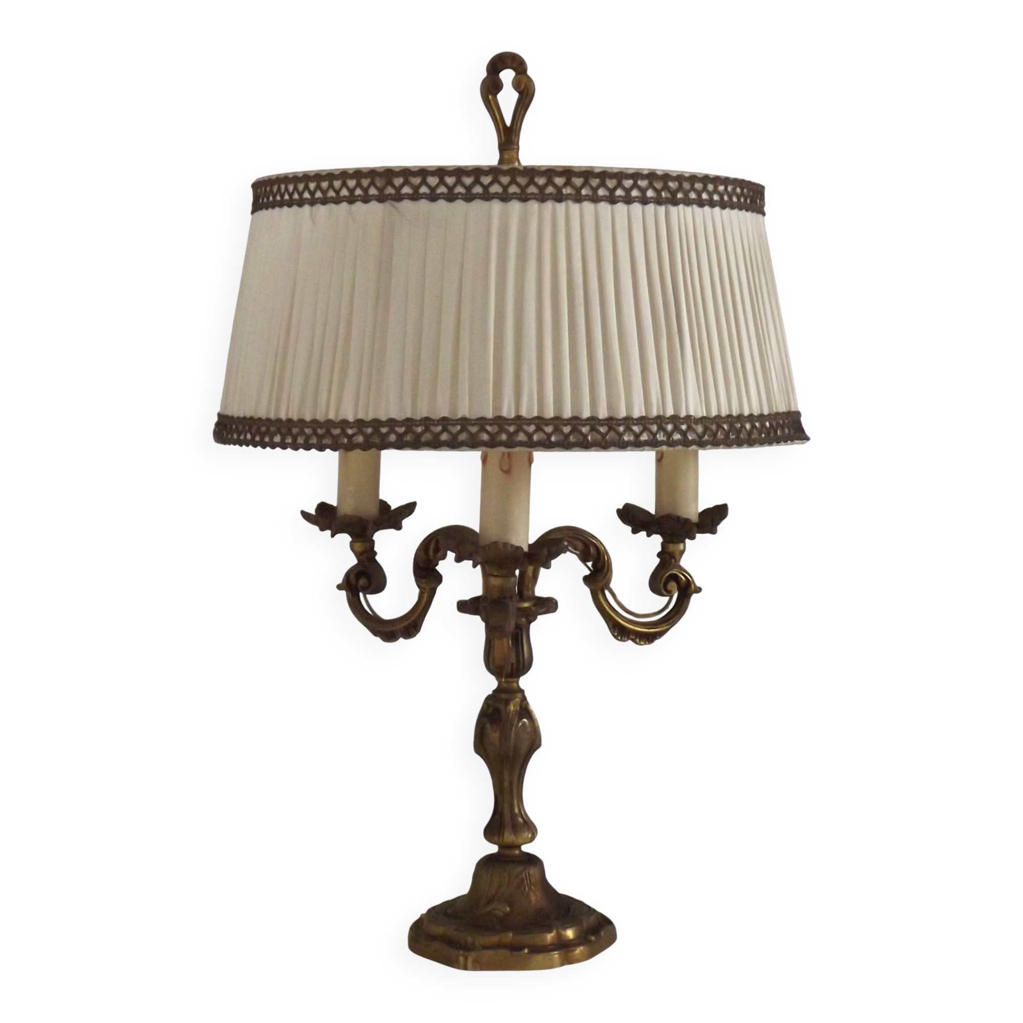 Bronze French Antique Art Nouveau 3-Light Candelabra Lamp Pleated Shade
