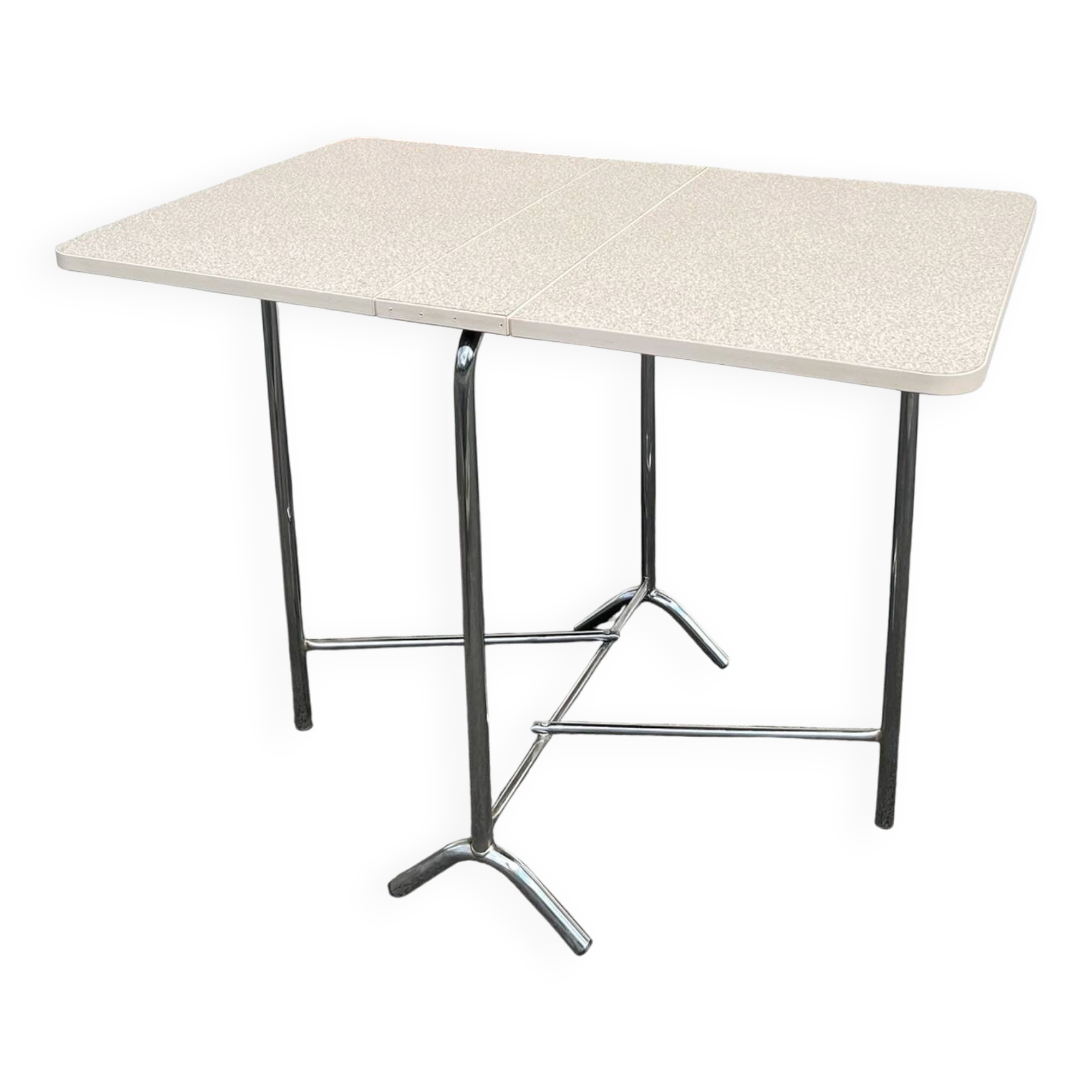 Folding table with chrome and pink formica.