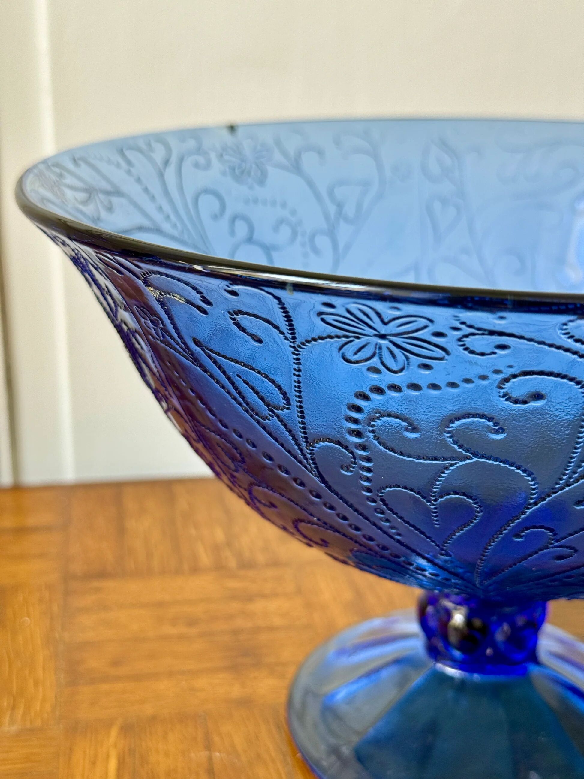 Bluish glass fruit bowl