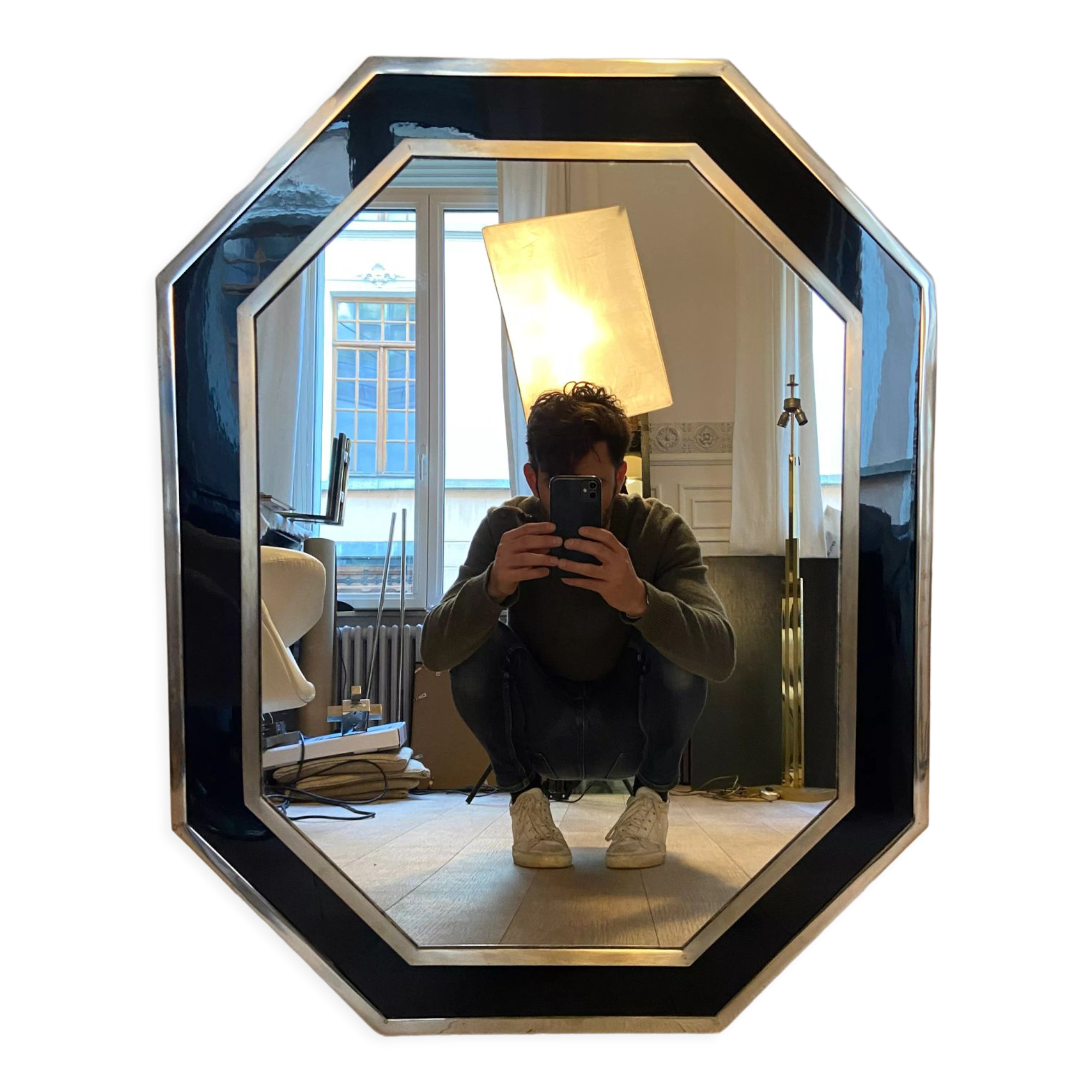 Chrome and blue lacquer mirror, 1970s