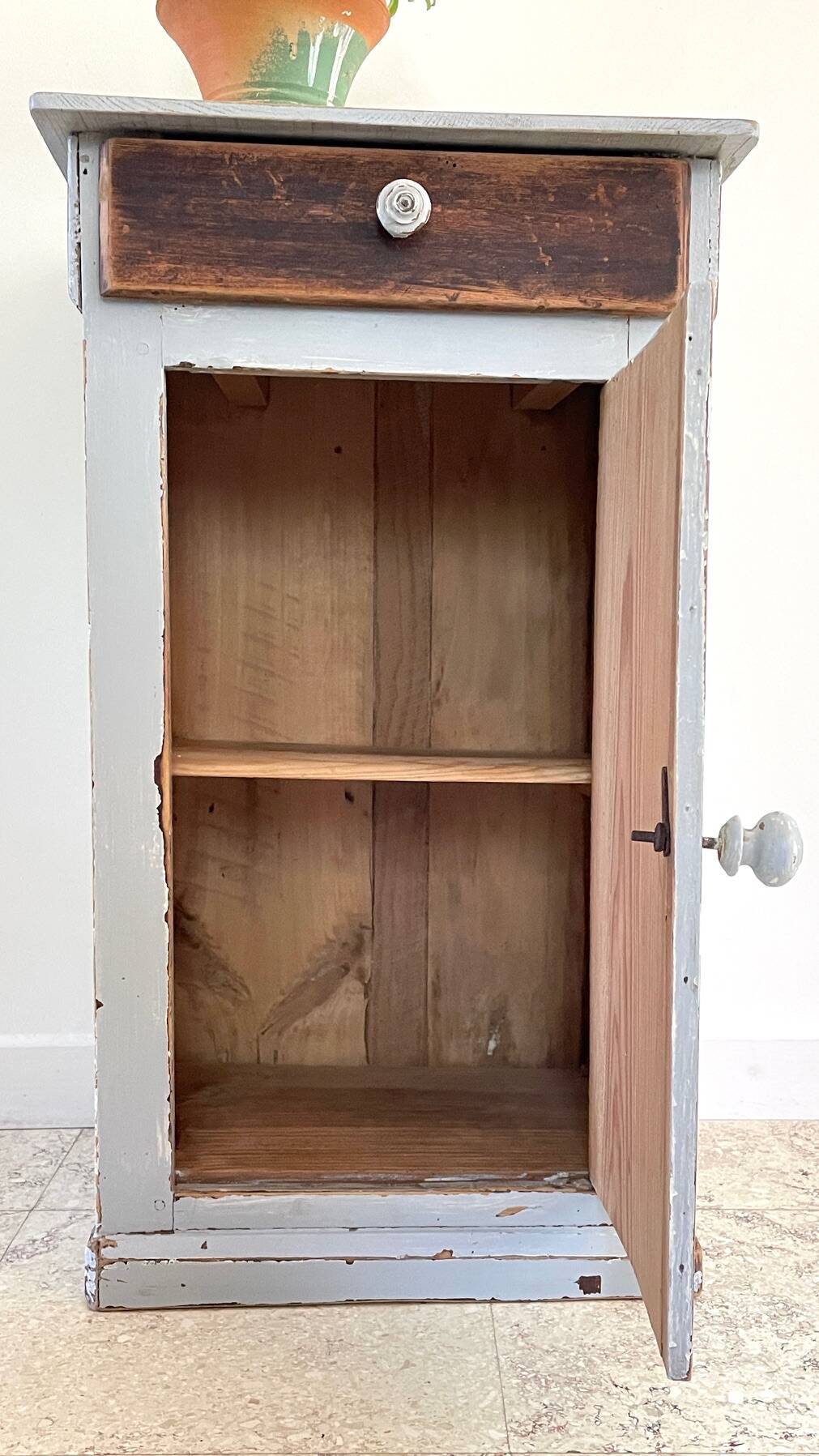 Antique Bedside Table in Weathered Grey Wood
