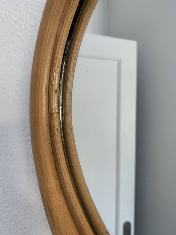 Miroir vintage 1960 pomme rotin osier bambou - 32 x 35 cm
