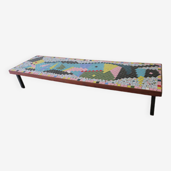 Long and low mid-century patchwork ceramic tiled coffee table, 140 x 40 x 24, 1960s