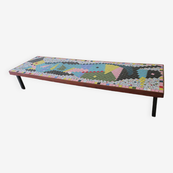 Table basse longue et basse vintage en patchwork de carreaux de céramique, 140 x 40 x 24, 1960