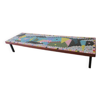 Table basse longue et basse vintage en patchwork de carreaux de céramique, 140 x 40 x 24, 1960