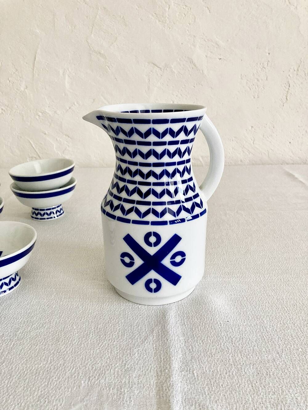 Set of six Sargadelos porcelain wine glasses and pitcher