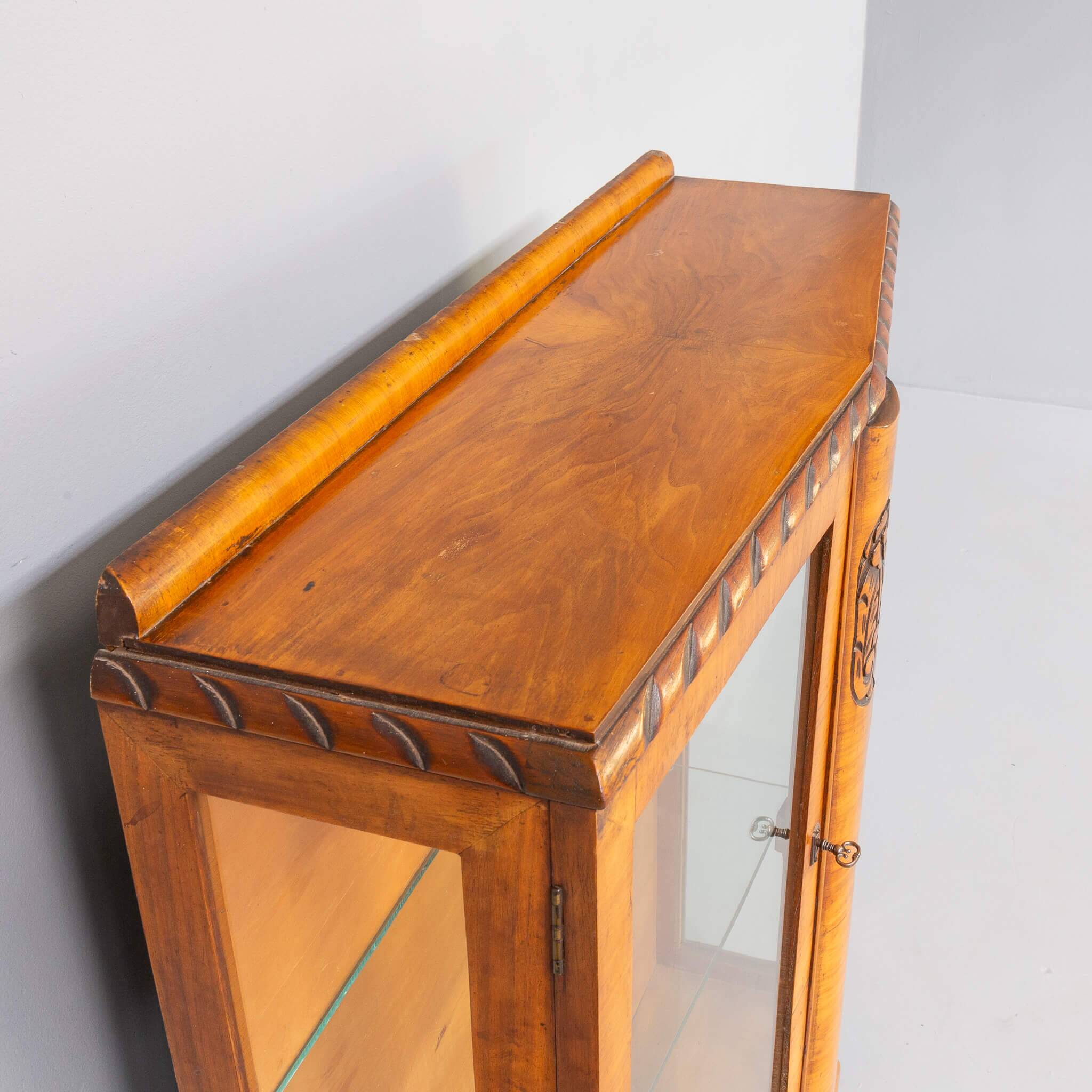 Art Deco burl walnut and glass cabinet